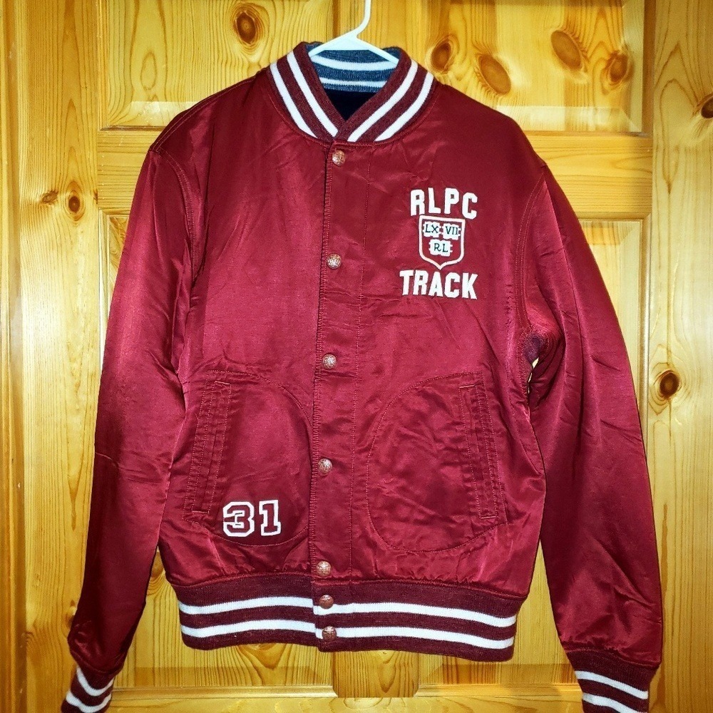 Polo Ralph Lauren Reversible Varsity Jacket Mens L Burgundy Track Navy Wool